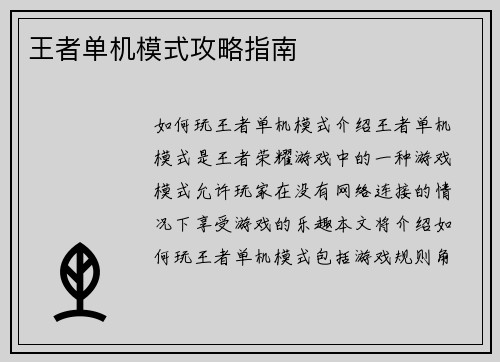 王者单机模式攻略指南