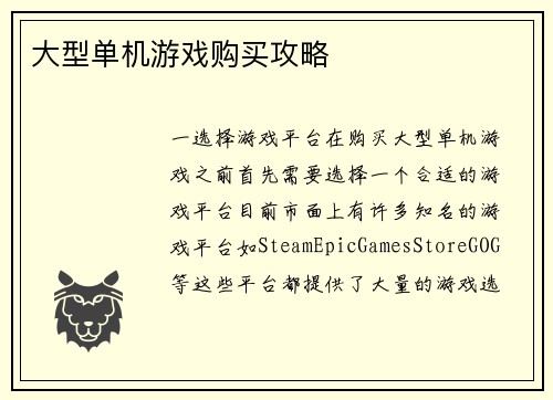大型单机游戏购买攻略